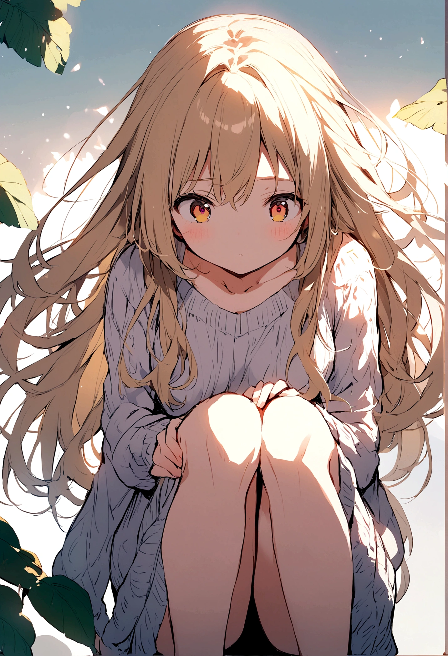 anime girl with waist length hair wearing a large sweater down to her knees 