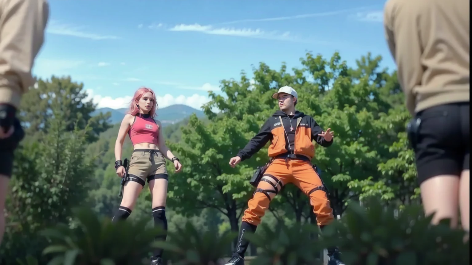two characters in an outdoor setting with trees and a clear sky in the background. On the left, there is a character with pink hair, wearing a red sleeveless blouse, light shorts and ninja-like accessories, such as arm protectors and a thigh bag. On the right, there is a character with spiky blonde hair, wearing an orange and black jacket with orange pants and a cold on his leg. Both appear to be in a ready posture, as if they are preparing for battle or training. The perspective is from behind another character in the foreground, whose body is partially visible, indicating that the viewer is seeing the scene from that character's point of view.4K resolution highlights, Sharp focus, octane render, ray tracing, Ultra-High-Definition, 8k, UHD, HDR, (Masterpiece:1.5), (best quality:1.5)
