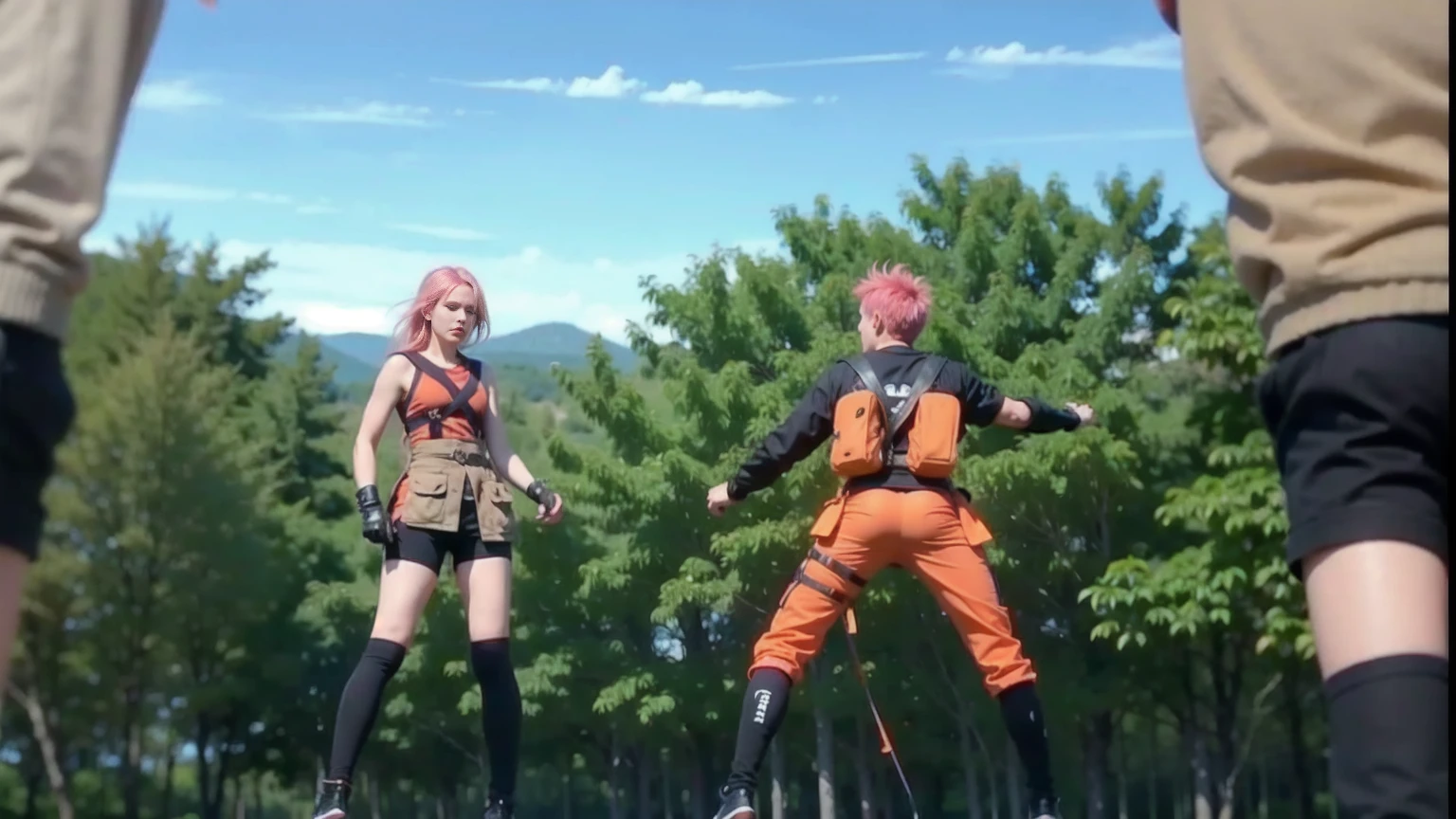 two characters in an outdoor setting with trees and a clear sky in the background. On the left, there is a character with pink hair, wearing a red sleeveless blouse, light shorts and ninja-like accessories, such as arm protectors and a thigh bag. On the right, there is a character with spiky blonde hair, wearing an orange and black jacket with orange pants and a cold on his leg. Both appear to be in a ready posture, as if they are preparing for battle or training. The perspective is from behind another character in the foreground, whose body is partially visible, indicating that the viewer is seeing the scene from that character's point of view.4K resolution highlights, Sharp focus, octane render, ray tracing, Ultra-High-Definition, 8k, UHD, HDR, (Masterpiece:1.5), (best quality:1.5)