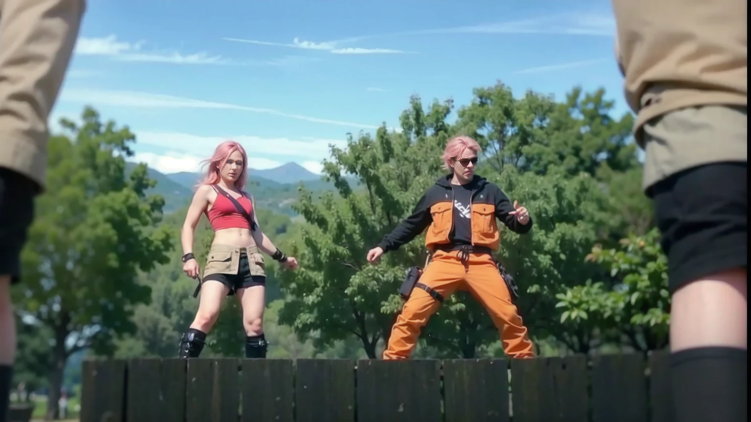 two characters in an outdoor setting with trees and a clear sky in the background. On the left, there is a character with pink hair, wearing a red sleeveless blouse, light shorts and ninja-like accessories, such as arm protectors and a thigh bag. On the right, there is a character with spiky blonde hair, wearing an orange and black jacket with orange pants and a cold on his leg. Both appear to be in a ready posture, as if they are preparing for battle or training. The perspective is from behind another character in the foreground, whose body is partially visible, indicating that the viewer is seeing the scene from that character's point of view.4K resolution highlights, Sharp focus, octane render, ray tracing, Ultra-High-Definition, 8k, UHD, HDR, (Masterpiece:1.5), (best quality:1.5)