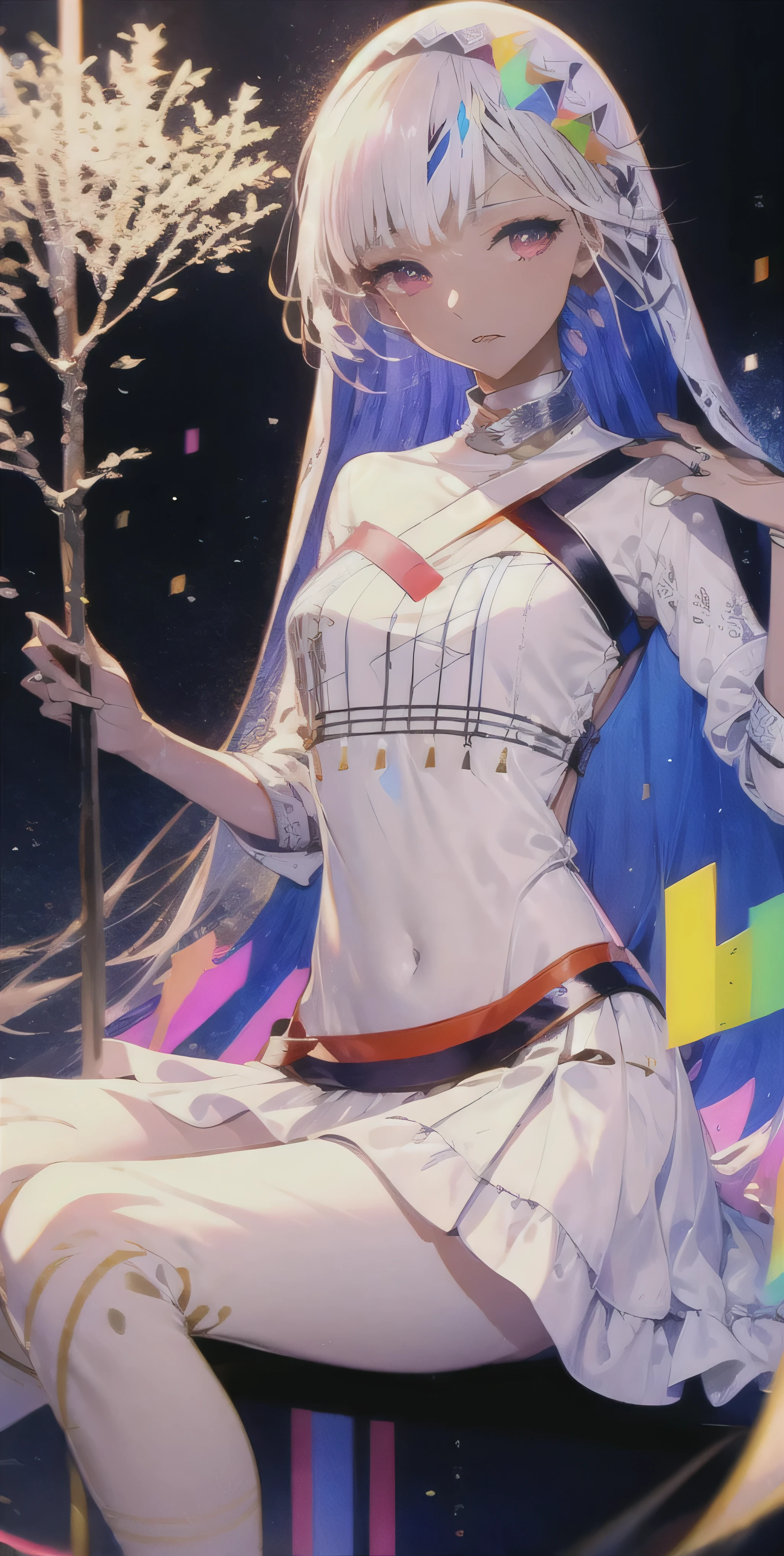 Altera(Fate Grand Order), brown skin, red eyes, white swimsuit top, detached white sleeves, white veil, white hair, bare midriff, white mini skirt, masterpiece, best quality, official art, uhd, 8k wallpaper, absurdres, highly detailed, illustration, beautiful eyes, soft smile, ink wash painting, small breasts, 1girl, full body, (best quality, safe, sfw), solo, outdoors, plants, trees