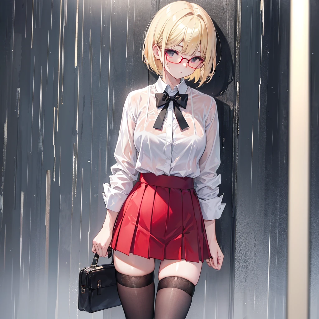 high quality,Short Bob,Glasses,Blonde,Rain-soaked shirt,Because my shirt is wet、Red underwear is visible,Black mini skirt,Heel,black tights,In town