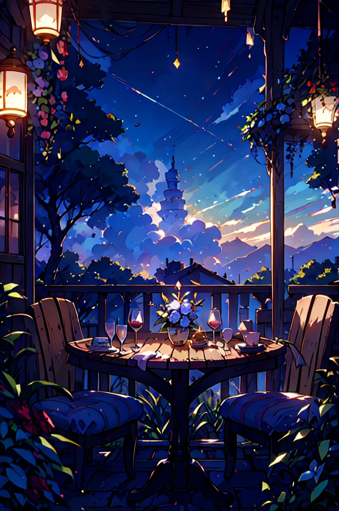 Very detailed,Pieces fly, Highest quality, Anime Images, Anime style etc.., Hired \(Genshin Impact\), Sit at the table, View from above, smile, 1 Girl, Twin Horn, ticker,Fits your body type, I can see the pussy , blush, Colorful pastel fantasy,Sexy pose,Very detailed background,Nice views,Beautiful and beautiful scenery,((Very detailed landscape)),Incredibly high quality,Night Sky