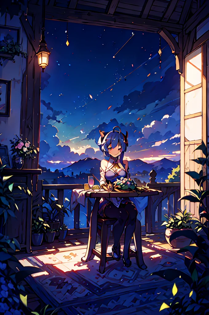 Very detailed,Pieces fly, Highest quality, Anime Images, Anime style etc.., Hired \(Genshin Impact\), Sit at the table, View from above, smile, 1 Girl, Twin Horn, ticker,Fits your body type, I can see the pussy , blush, Colorful pastel fantasy,Sexy pose,Very detailed background,Nice views,Beautiful and beautiful scenery,（（Very detailed landscape））,Incredibly high quality,Night Sky