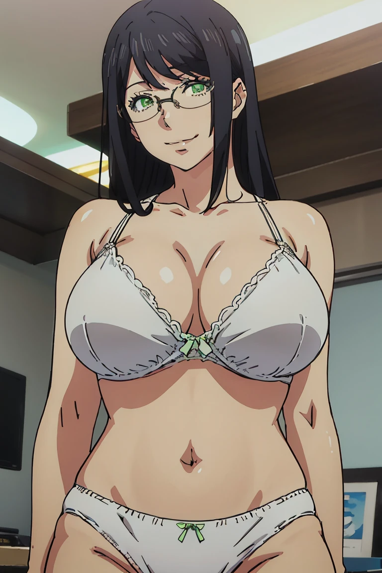 a woman standing, bra, sight smile, view at viewer,  white panties, 1woman, green eyes, big breast, glasses, adult woman, mature body, subducting face, (solo woman), anime style, high quality, detailed eyes, beautiful body 