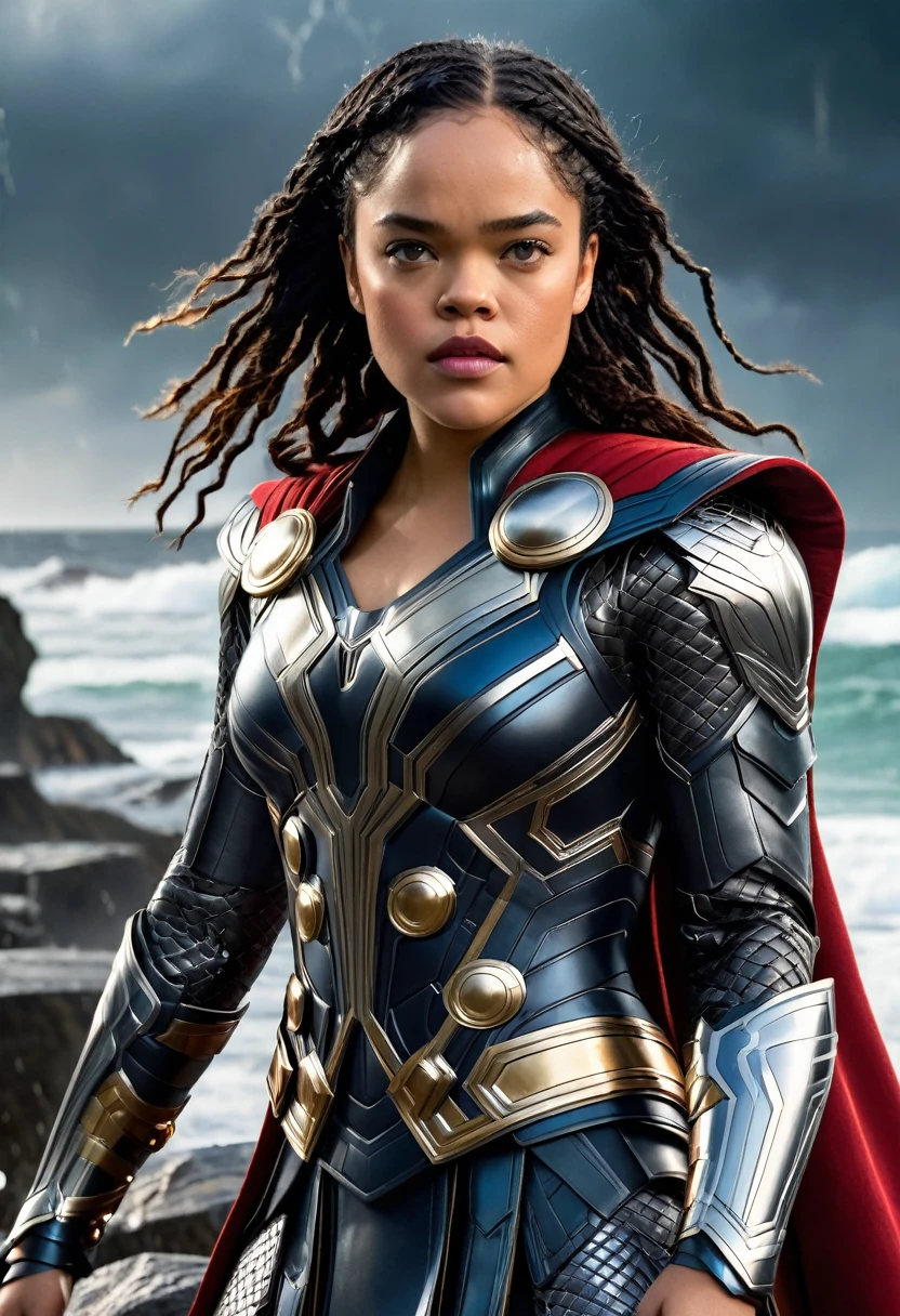 ((masterpiece)), (best quality), perfect anatomy, highres, detailed, (8k), photorealistic, best quality, ultra highres, ((detailed face)), a Realistic full body portrait of  Tessa Thompson as Thor God Of Thunder in the iconic outfit from the Avengers Movies and MCU The costume depicted in the image is a meticulously crafted suit of armor, predominantly silver with black detailing. It features:

Chest Plate: Embellished with circular, Norse-inspired motifs.
Shoulder Armor: Layered metal pieces symbolize strength.
Arm Coverage: Chainmail textures suggest flexibility and defense.
Cape: A flowing red cape adds a majestic element. , wielding the mighty hammer above her head in a raging thunder storm waves crashing against the rocks in the background