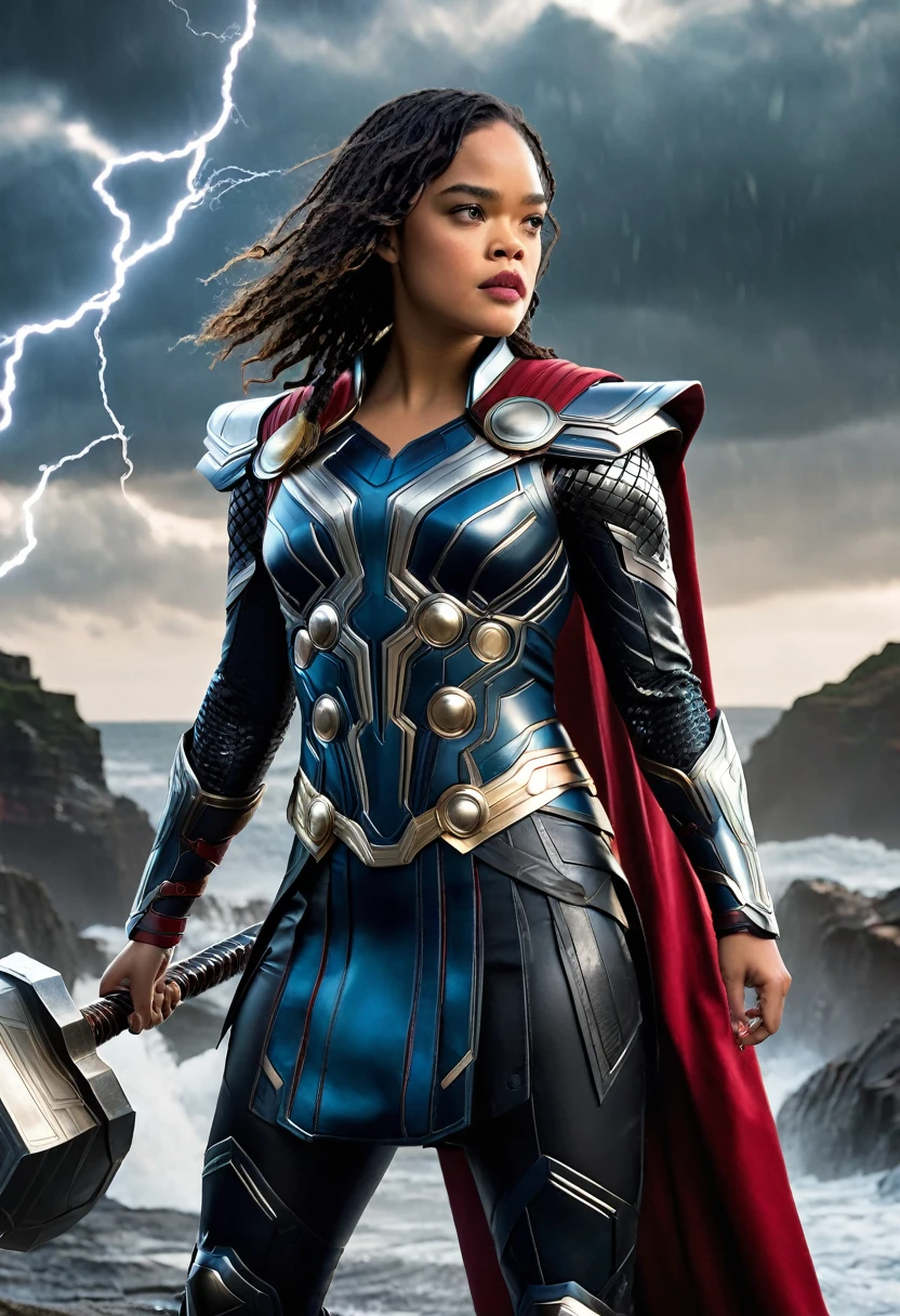 ((masterpiece)), (best quality), perfect anatomy, highres, detailed, (8k), photorealistic, best quality, ultra highres, ((detailed face)), a Realistic full body portrait of Tessa Thompson as Thor God Of Thunder in the iconic outfit from the Avengers Movies and MCU The costume depicted in the image is a meticulously crafted suit of armor, predominantly silver with black detailing. It features:
Chest Plate: Embellished with circular, Norse-inspired motifs.
Shoulder Armor: Layered metal pieces symbolize strength.
Arm Coverage: Chainmail textures suggest flexibility and defense.
Cape: A flowing red cape adds a majestic element. , wielding the mighty hammer above her head in a raging thunder storm waves crashing against the rocks in the background