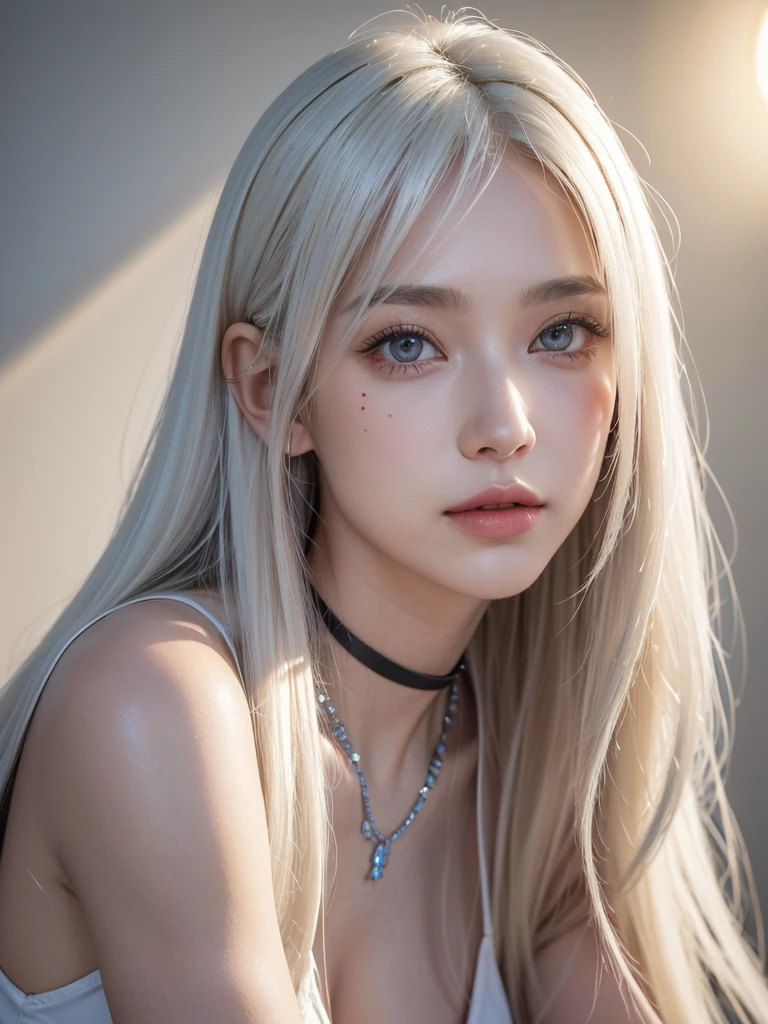 1girl, alone, solitary, high quality, (best quality,4k,8k,highres,masterpiece:1.2),ultra-detailed,(realistic,photorealistic,photo-realistic:1.37),gorgeous hair,white hair, white long straight hair with bangs,puffy eyes,mole on the cheek,plump lips,jewelry,(high detailed skin:1.4),(rim lighting:1.3),(lit:1.3),(sunny day:1.3),portrait,beautiful lips,waist-length hair,seductive gaze,moles,casual clothes,colorful clothing,close up,really long hair,choker necklace,tattoos,tattooed,light eyes,bangs,fringe,20 year old,dimples on the cheeks,dimples,platinum hair,platinum blonde