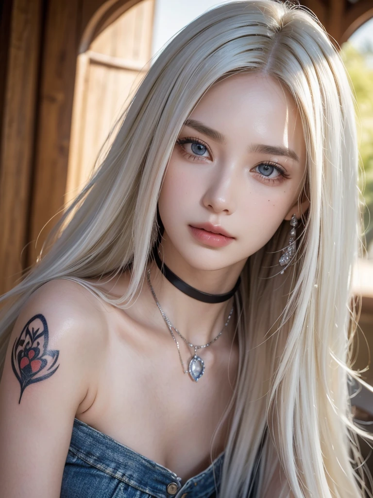 1girl, alone, solitary, high quality, (best quality,4k,8k,highres,masterpiece:1.2),ultra-detailed,(realistic,photorealistic,photo-realistic:1.37),gorgeous hair,white hair, white long straight hair with bangs,puffy eyes,mole on the cheek,plump lips,jewelry,(high detailed skin:1.4),(rim lighting:1.3),(lit:1.3),(sunny day:1.3),portrait,beautiful lips,waist-length hair,seductive gaze,moles,casual clothes,colorful clothing,close up,really long hair,choker necklace,tattoos,tattooed,light eyes,bangs,fringe,20 year old,dimples on the cheeks,dimples,platinum hair,platinum blonde