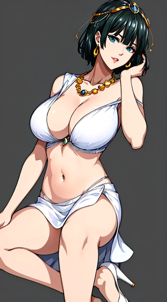 Simple white background,glitter,
barefoot,white dress,cleavage,collarbone, Navel,bare shoulders, Gold leaf on head,
bracelet, earrings, jewelry, gem,Pearl, Green eyes gold necklace, Black hair,explosions,short hair hair,
1girll, 20yo,young woman,Beautiful Finger,Beautiful long legs,Beautiful body,
Beautiful Nose,Beautiful character design, perfect eyes, perfect face,expressive eyes,perfect balance,
looking at the scenes,(Focus on her face.),closed mouth, (innocent_Large_eyes:1.0),(light_smile:0.3),
formal art,Highly detailed CG module 8K rear, perfect illumination,Colored, bright_front_face_lighting,white-skinned,
(Masterpiece:1.0),(Best_quality:1.0), very high resolution,4K,A highly detailed,
photography, 8K, hdr, highres, absurdres:1.2, Kodak portra 400, grain du film, blurry background, bokeh:1.2, lens flare, (vibrant_Farbe:1.2),professional photo,
(A beautiful,Large_breasts:1.4), (A beautiful_face:1.5),(narrow_waist), huge breasts smile closed mouth lipstick green lips earrings high heels full body viewer standing
