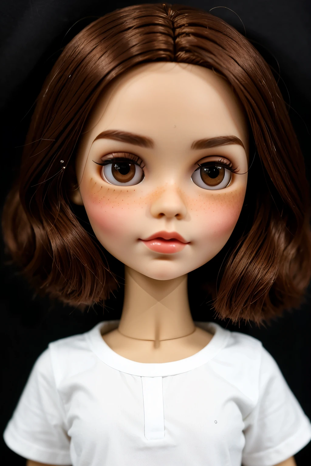 Blythe doll Make a light skinned blythe doll, not super white but not dark either, with dark dark eyes , a medium round mouth, few freckles, in some designs that use thin square black lenses, with red but dark hair, like a redhead coffee, big eyes normal brown eyebrows, and short hair with a thin and short black t-shirt without design 