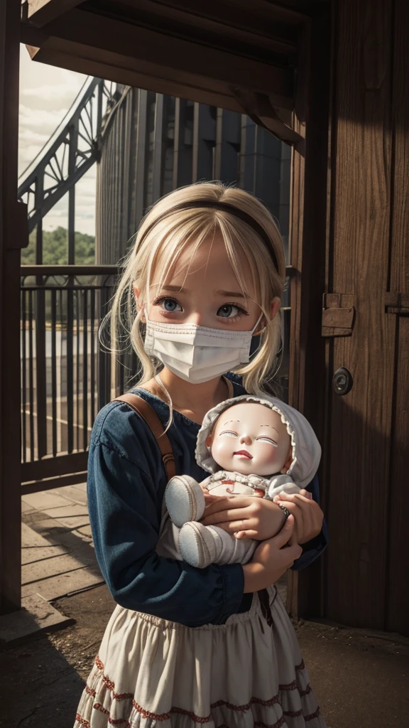 make me an illustration of the urban legend cry bridge baby in alabama, the is wearing a creepy mask and holding a doll
