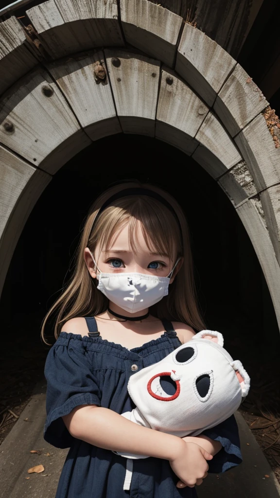 make me an illustration of the urban legend cry bridge baby in alabama, the  is wearing a creepy mask and holding a doll