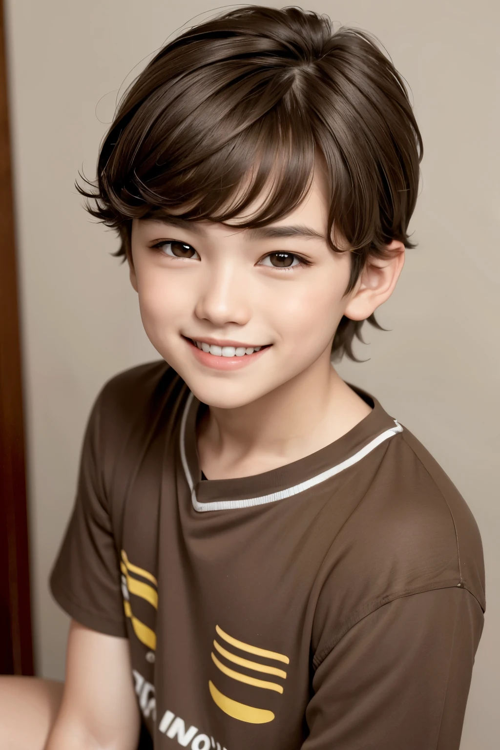 1 boy with dark brown eyes,lightBrown hair, Smooth, Grinning