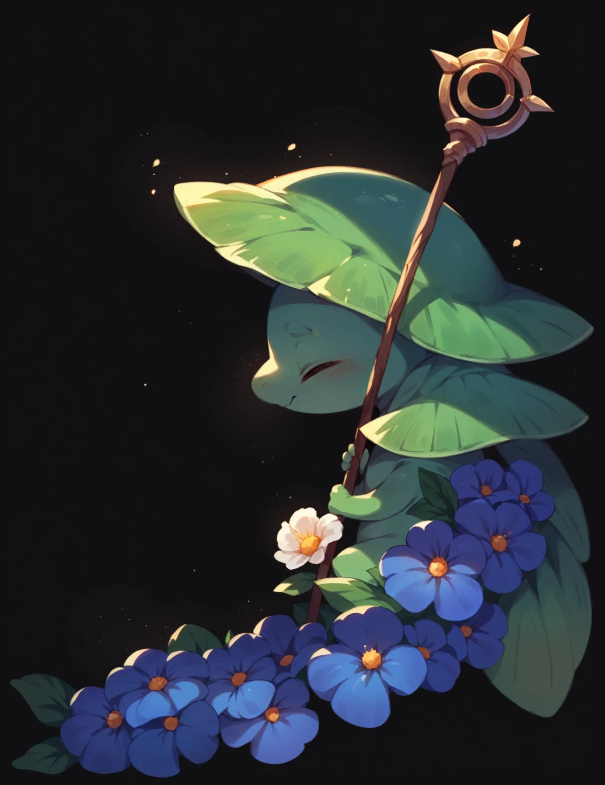 Cute zucchini monster, closed eyes, old, Staff on back, flower in his back