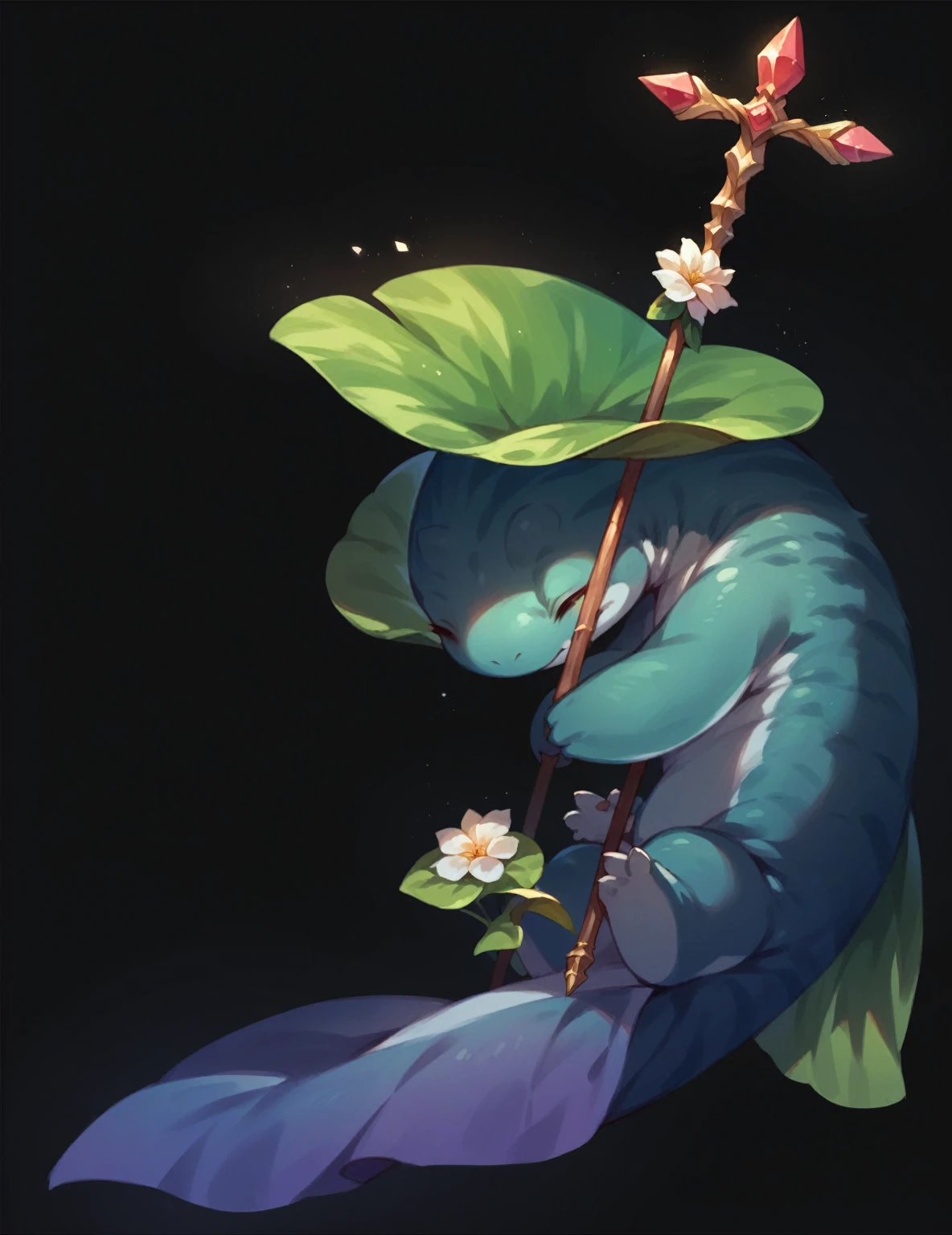 Cute zucchini monster, closed eyes, old, Staff on back, flower in his back