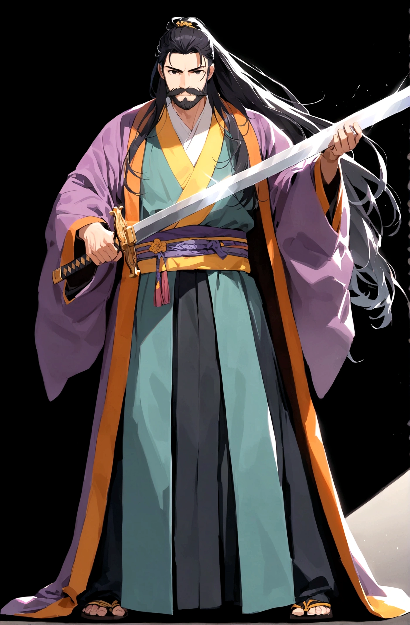 solo, looking at viewer, simple background, black hair, long hair,1boy, holding, standing, full body, weapon, male focus, hanfu, sword, holding weapon, black eyes, sash, facial hair, holding sword, black background, beard, mustache