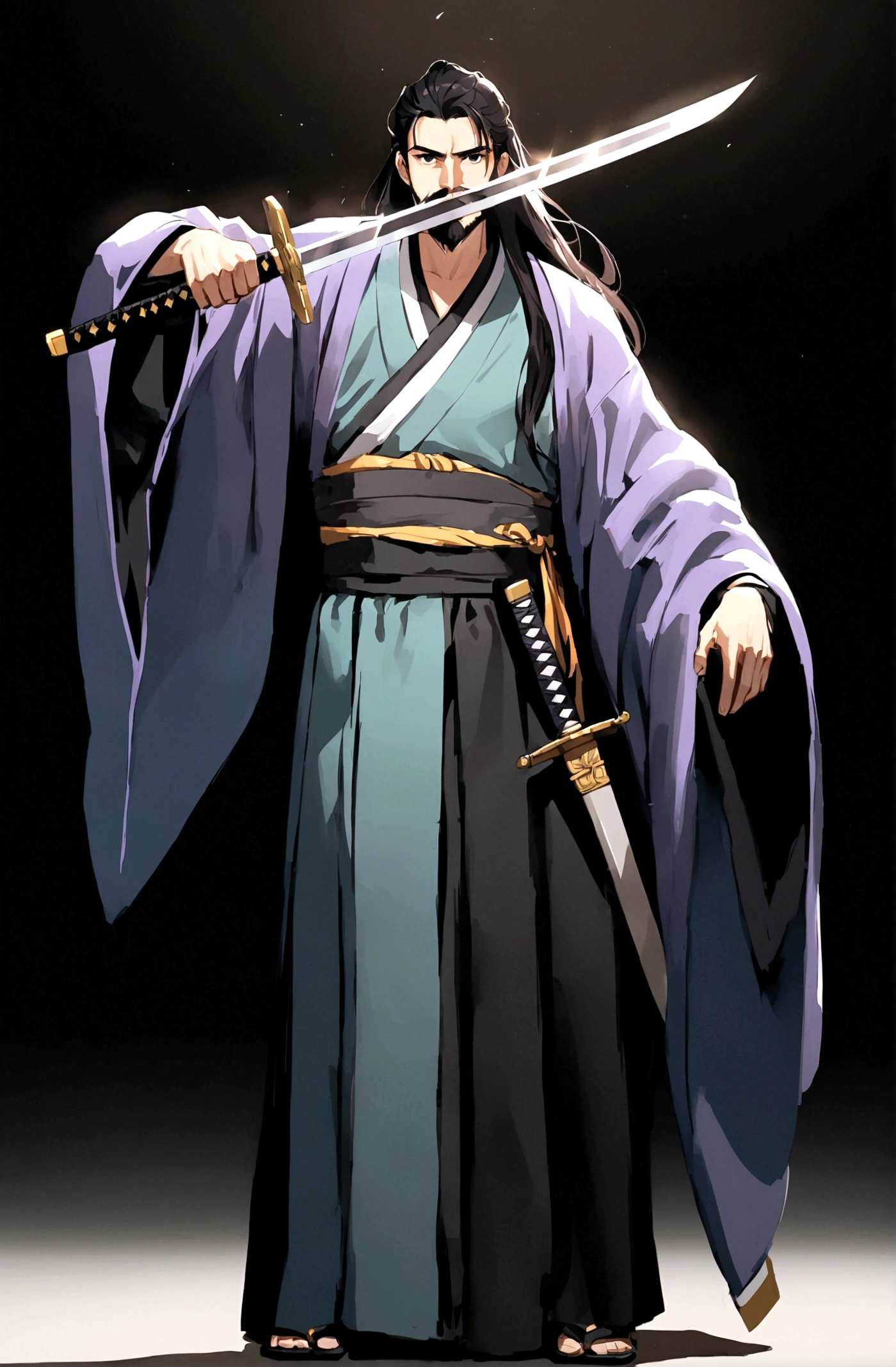 solo, looking at viewer, simple background, black hair, long hair,1boy, holding, standing, full body, weapon, male focus, hanfu, sword, holding weapon, black eyes, sash, facial hair, holding sword, black background, beard, mustache