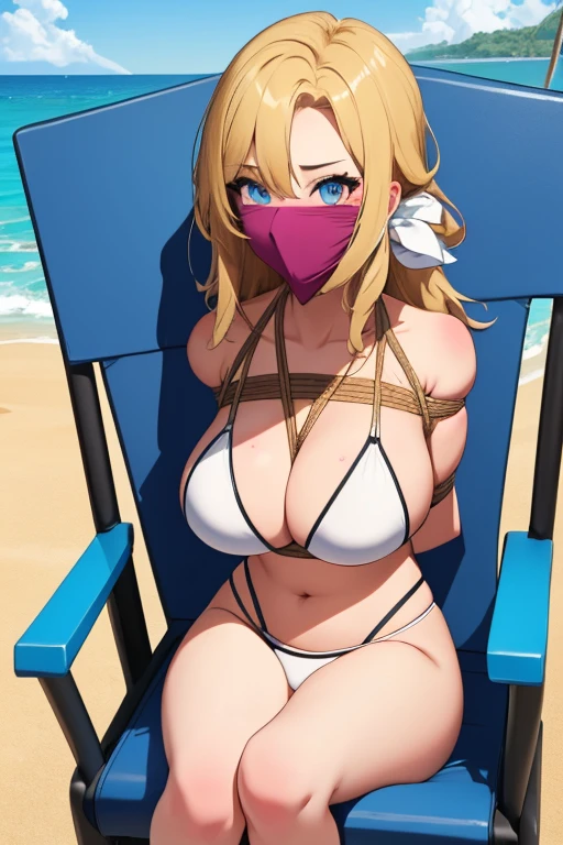 1 girl, detailed blue eyes, lange wimpern, detailed beautiful face, 4k quality, a Bit curly hair, (Long blonde hair:1.4), (arms behind back:1.6), gefesselte Arme, Red rope, (blushing:1.3), (Big breasts:1.6), (white Bikini, höschen mit seiten schnürung, 18 jears old:1.6), OTN, Gag, gagged, shibari, bondage, nah aufnahmen, Front view, on a beach, looking at the viewer, sitting in a beach chair