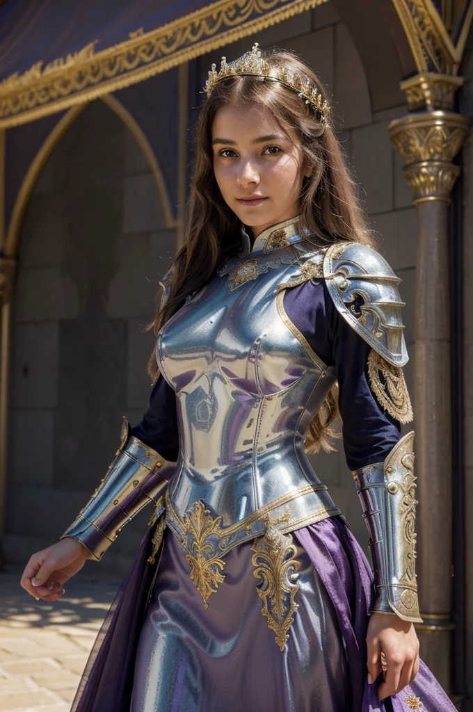(best quality,4k,highres,masterpiece:1.2),ultra-detailed,(realistic,photorealistic,photo-realistic:1.37),princess,19-year-old,breathtakingly beautiful detailed face and smile, princess dressed as a medieval knight with intricate knight armor, vibrant colors, captivating lighting, stunningly detailed knightly attire, majestic castle backdrop, regal ambiance, confident and graceful posture, enchanting expression, ornate sword, ethereal atmosphere, youthful charm, confident eyes, flowing golden hair, dewy skin, delicate features, elaborate facial details, elegant knight's helmet, radiant light illuminating the face, intricate embroidery on the knight's armor, dreamlike setting, princess embracing her identity as a knight, gorgeously ornamental helmet, shimmering reflections on armor, magical aura, soft and ethereal glow, royal authority, nobility, twilight sky with hues of purple and gold, proud and determined stance, extraordinary attention to detail, fairytale-like charm, youthful innocence, mythical princess warrior