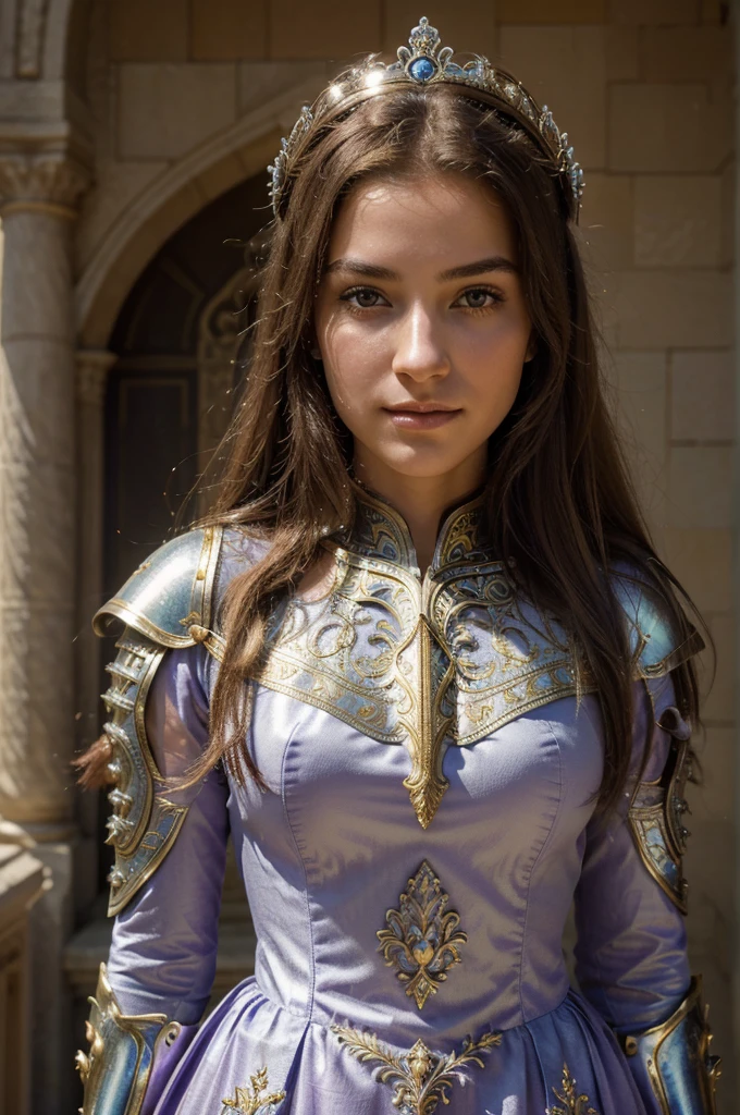 (best quality,4k,highres,masterpiece:1.2),ultra-detailed,(realistic,photorealistic,photo-realistic:1.37),princess,19-year-old,breathtakingly beautiful detailed face and smile, princess dressed as a medieval knight with intricate knight armor, vibrant colors, captivating lighting, stunningly detailed knightly attire, majestic castle backdrop, regal ambiance, confident and graceful posture, enchanting expression, ornate sword, ethereal atmosphere, youthful charm, confident eyes, flowing golden hair, dewy skin, delicate features, elaborate facial details, elegant knight's helmet, radiant light illuminating the face, intricate embroidery on the knight's armor, dreamlike setting, princess embracing her identity as a knight, gorgeously ornamental helmet, shimmering reflections on armor, magical aura, soft and ethereal glow, royal authority, nobility, twilight sky with hues of purple and gold, proud and determined stance, extraordinary attention to detail, fairytale-like charm, youthful innocence, mythical princess warrior