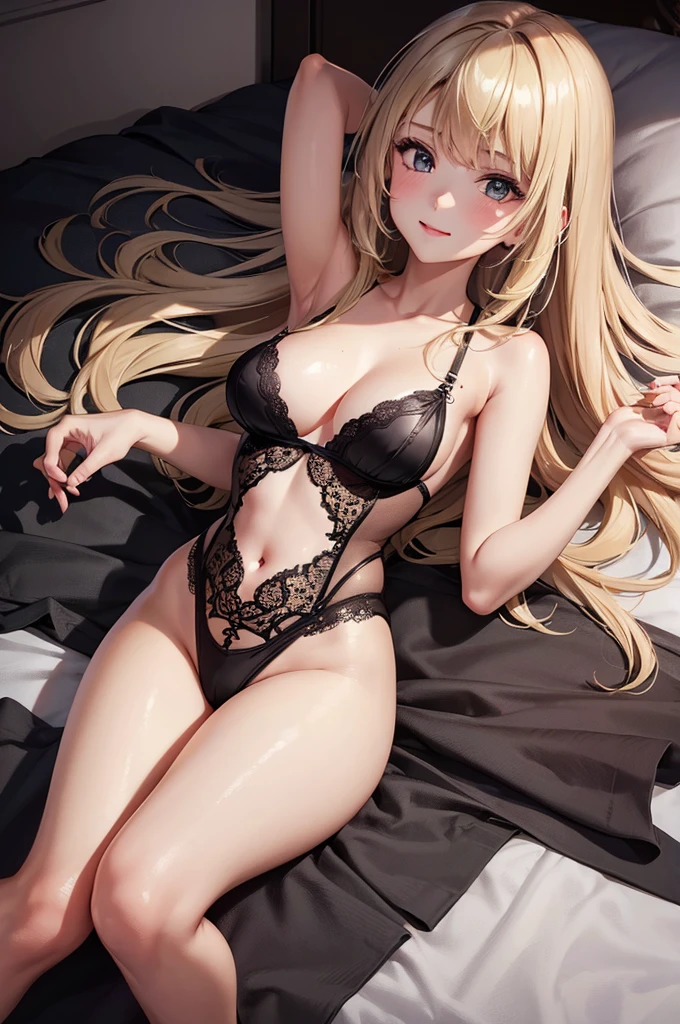 (Best Quality,High resolution,8K,finelity detailed background,Masterpiece:1.2),beautiful girl,Shiny khaki hair,messy hair,khaki eyes,Gentle look,A refreshing look,Best quality,Best Quality,Aesthetic and aesthetic:1.2,Best details((Super detailed))(High-definition CG illustrations),Black underwear (black,intricate lace),bodystocking,Slender body,Late Night,Moonlit Night,Bedroom,On the bed,smile,blush,cute,Scrounge,Looking up,Being spoiled,super model,on back,shoot from below