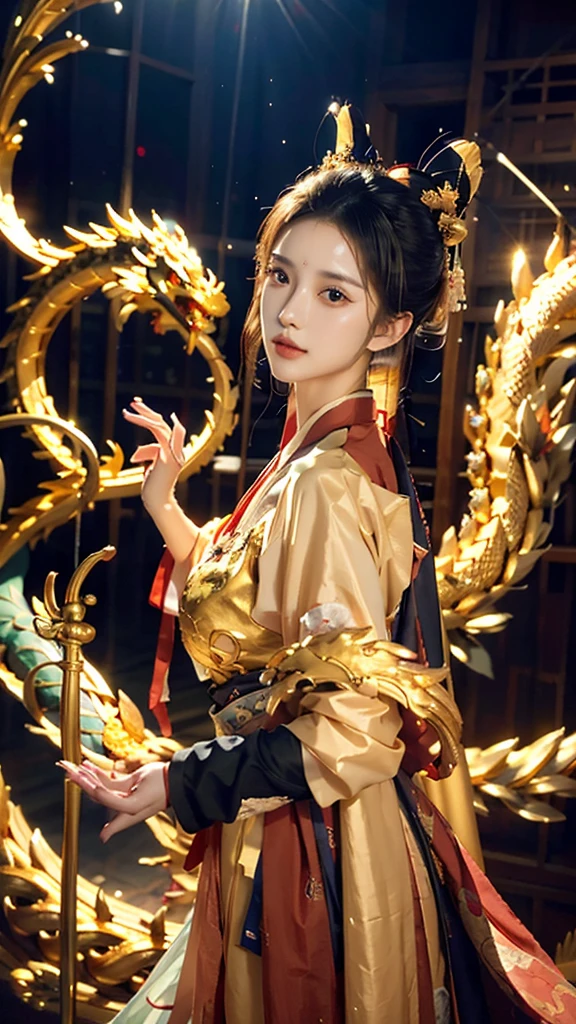 ((best quality)), ((masterpiece)), (detailed), Perfect face，Hanfu Beauty，Standing in front of a huge golden glowing dragon，Hands down，Looking at the camera，Ultra-detailed face and eyes，16k，Best quality，Bokeh，Soft Light，space，Crystal clear，Natural light，Close shot，Super Realism