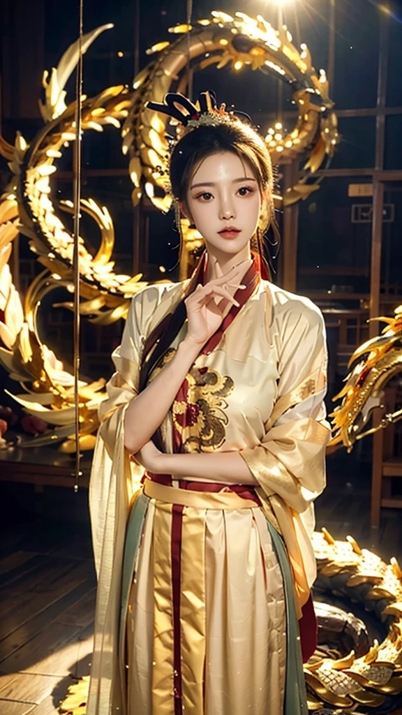 ((best quality)), ((masterpiece)), (detailed), Perfect face，Hanfu Beauty，Standing in front of a huge golden glowing dragon，Hands down，Looking at the camera，Ultra-detailed face and eyes，16k，Best quality，Bokeh，Soft Light，space，Crystal clear，Natural light，Close shot，Super Realism