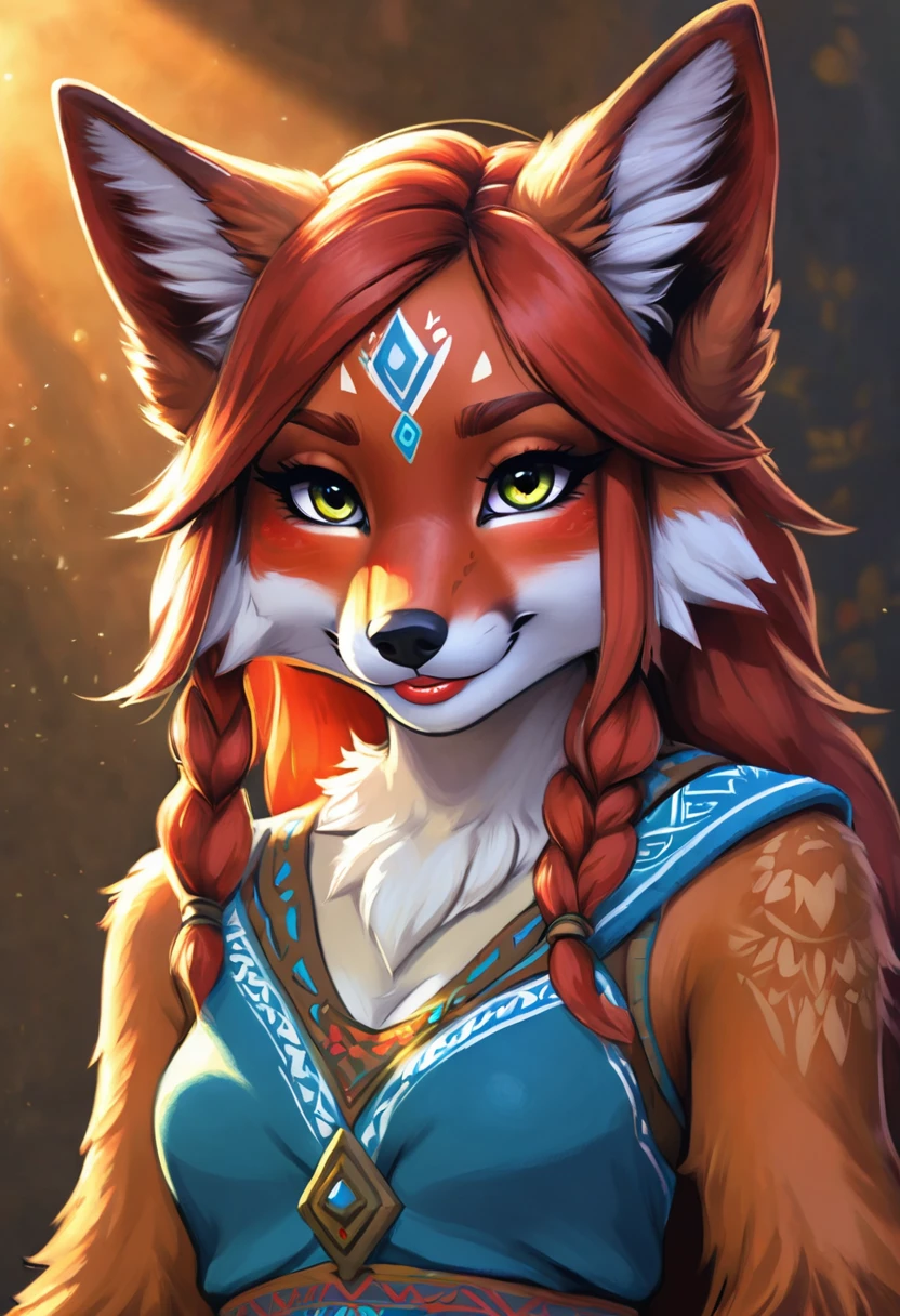 An Illustrated, Hand-Drawn, Full Color, Warm Lighting, Shadows, Graphite Shading, Stencil Marks, Airbrushed Acrylic Paint, In The Style Of Breath Of The Wild. ((Masterpiece)), ((Best Quality)), (Detailed), Luscious Lips, Image Of Anthro fox Girl, Female, Humanoid, Furry, Beauty, Cute, Adorable, red Skin Color, Hi Res, Sharp, Detailed Background, Wide Smile, Bright Eyes.