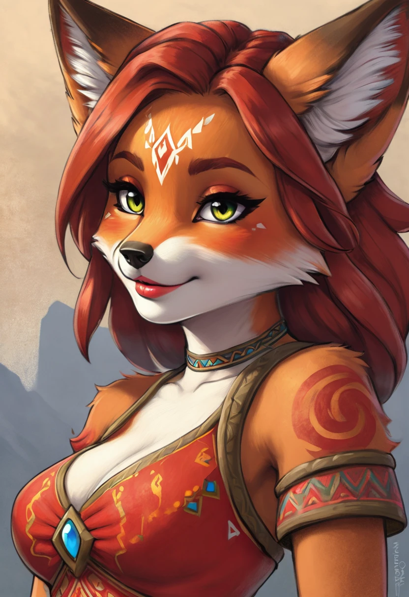 An Illustrated, Hand-Drawn, Full Color, Warm Lighting, Shadows, Graphite Shading, Stencil Marks, Airbrushed Acrylic Paint, In The Style Of Breath Of The Wild. ((Masterpiece)), ((Best Quality)), (Detailed), Luscious Lips, Image Of Anthro fox Girl, Female, Humanoid, Furry, Beauty, Cute, Adorable, red Skin Color, Hi Res, Sharp, Detailed Background, Wide Smile, Bright Eyes.