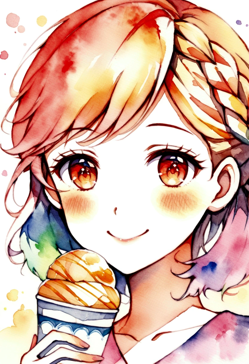 (watercolor painting, soft, vibrant, blended, hand-painted:1.2) MaryAmber, focus on eyes, close up on face, smiling, hair styled French braid hair, icecream Cup 🍨 
