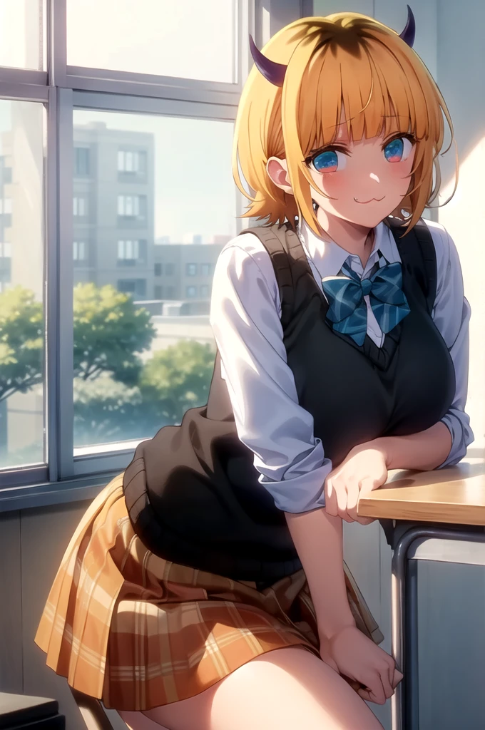 best quality, masterpiece, detailed,
memcho,
closed mouth, :3, smile,
short hair, blonde hair, multicolored hair, aqua eyes, blunt bangs, horns,
, sweater vest, collared shirt, sleeves rolled up, brown skirt, bowtie,
standing, looking at the viewer, leaning forward, grabs breasts、
classroom、Huge breasts:1.5、Leaning forward、ass pov