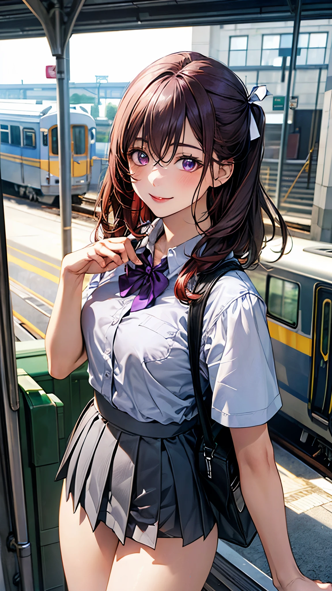 (masterpiece:1.2, top-quality), (realistic, photorealistic:1.4), beautiful illustration, (natural side lighting, movie lighting), nsfw, 
looking at viewer, 1 girl, japanese, high school girl, perfect face, cute and symmetrical face, shiny skin, 
(middle hair:1.5, two side up:1.2, grey purple hair), hair between eyes, purple eyes, long eye lasher, (medium breasts), slender, dark red hair ribbon, 
beautiful hair, beautiful face, beautiful detailed eyes, beautiful clavicle, beautiful body, beautiful chest, beautiful thigh, beautiful legs, beautiful fingers, 
((white collared shirts, grey box pleated mini skirt), dark red bow tie), school bag, 
(beautiful scenery), evening, (train station), standing, (lovely smile, open mouse slightly), 