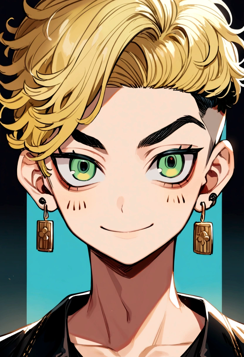 1 chico pet matsuno, tokyo revengers, blonde hair on black bottom with an undercut, turquoise eye color ( blue green) an earring in the left ear, (a calm look) and a slight smile ( Perfect picture)