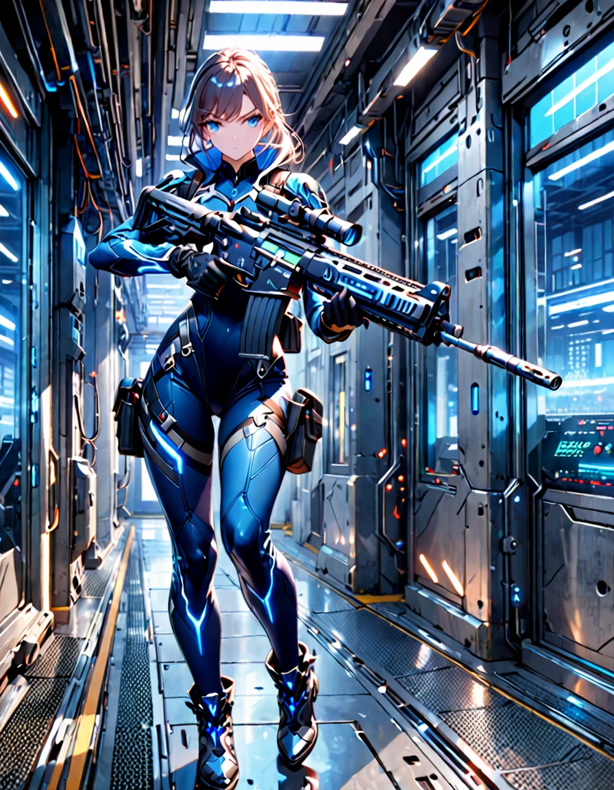 masterpiece, highly detailed, best quality, high quality, 1girl, (solo, solo focus), beautiful detailed eyes, beautiful detailed face, (perfect hands, complete fingers), perfect anatomy, perfect proportions, detailed shadows, detailed light, (blue skintight bodysuit, (black leotard), shoulder holster,) matching gloves, (full blue pantyhose, skintight blue leggings, perfect fit), matching boots, full body, serious, full body costume design. hi-tech spy building, indoors. ((holding assault rifle)).