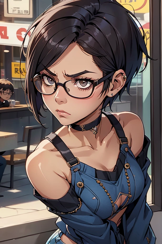 (best quality) (detail), 1 girl , angry face, punk, sweater, glasses, short jeans, short hair, wearing choker, photography, pose.