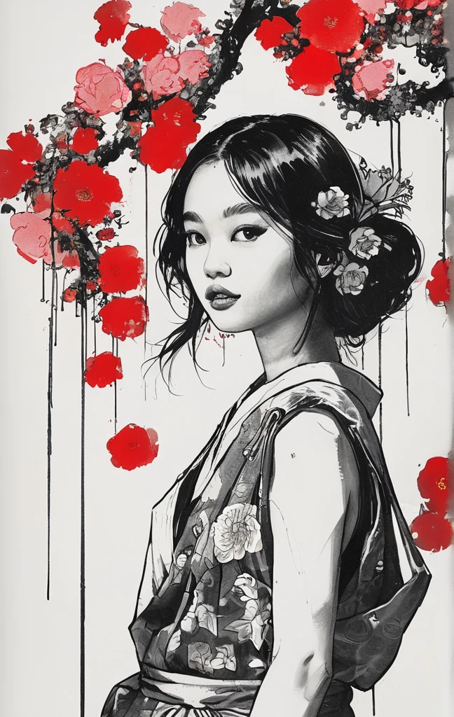 On a bright BLACKcampus"YES"Character、Create digital artwork in pop art, Featuring a bright and confident young asian girl，Street fashion, Movie Color Scheme, Surrounded by vintage floral motifs, Bright brush strokes,Emotions should be dynamic, upper-body, Drawing, illustartion, Grayscale, tropical, lots of flowers,