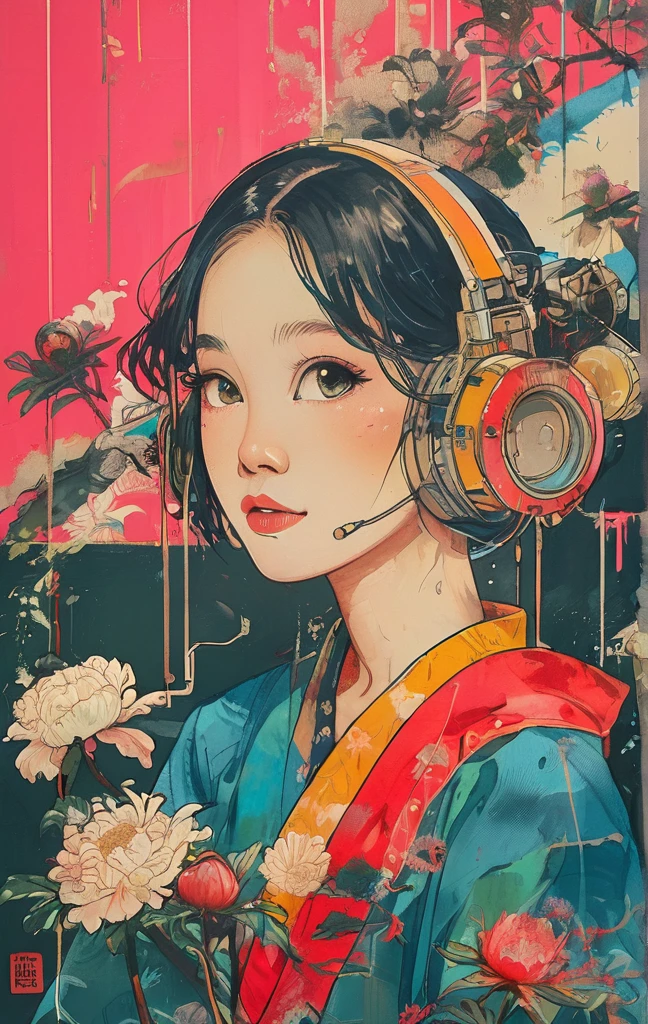 On a bright BLACKcampus"YES"Character、Create digital artwork in pop art, Featuring a bright and confident young asian girl，Street fashion, Movie Color Scheme, Surrounded by vintage floral motifs, Bright brush strokes,Emotions should be dynamic, upper-body, Drawing, illustartion, Grayscale, tropical, lots of flowers,