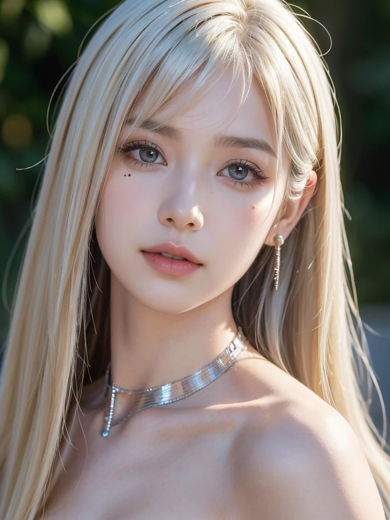 1girl, alone, solitary, high quality, (best quality,4k,8k,highres,masterpiece:1.2),ultra-detailed,(realistic,photorealistic,photo-realistic:1.37),gorgeous hair,black hair, dark black long straight hair with bangs,puffy eyes,mole on the cheek,plump lips,jewelry,(high detailed skin:1.4),(rim lighting:1.3),(lit:1.3),(sunny day:1.3),portrait,beautiful lips,waist-length hair,seductive gaze,moles,casual clothes,colorful clothing,close up,really long hair,choker necklace,tattoos,tattooed,light eyes,bangs,fringe,20 year old,dimples on the cheeks,dimples,platinum hair,platinum blonde