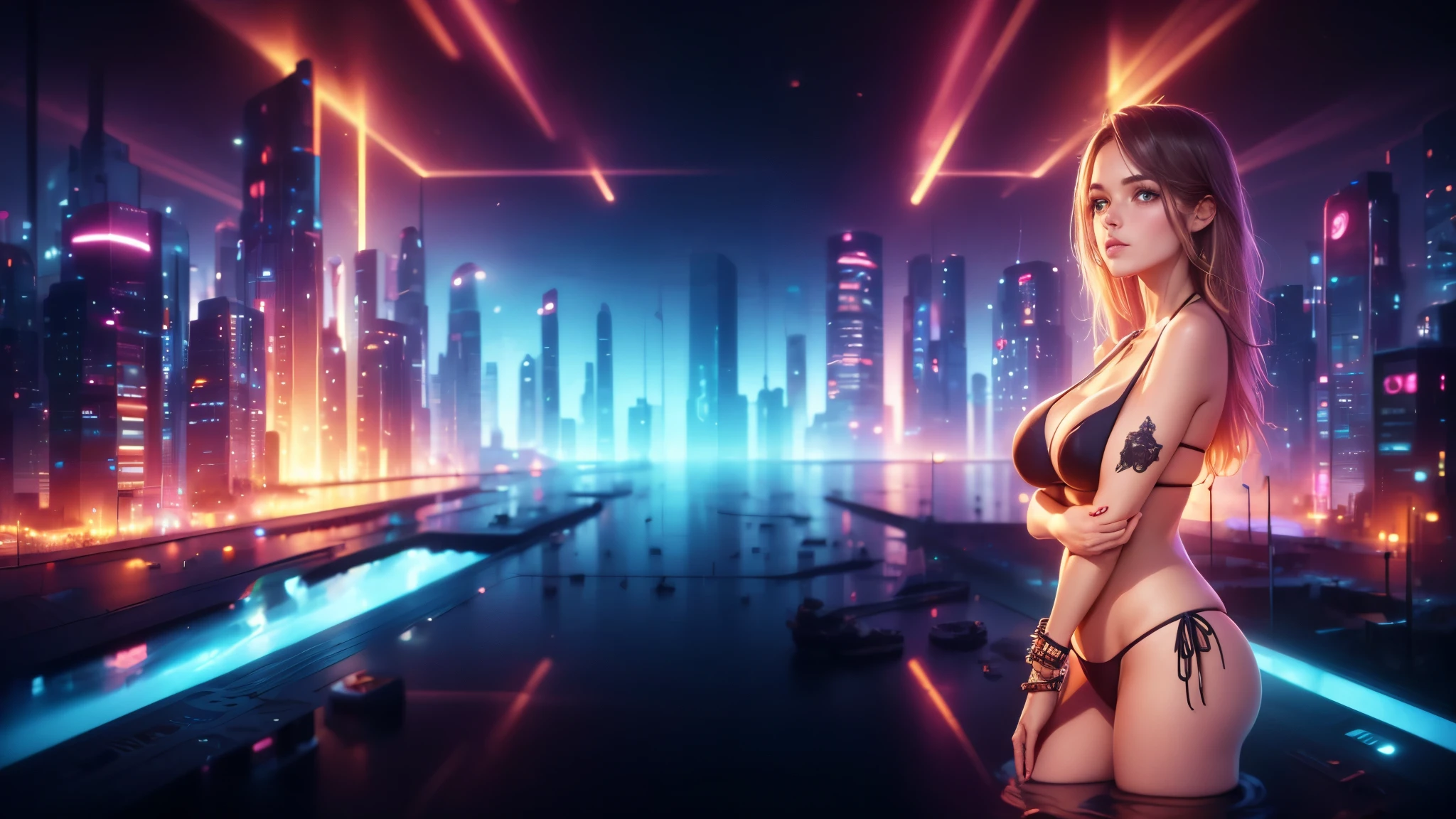 (((a medium-breast bikini slim GIRL))), a balcony of a futuristic building, aerial view of an ultra-futuristic megalopolis, many metal buildings and houses in dark colors from dark blue to black, a cidade tem tons de cinza metal, has smoky metal structures , industrial environment with smoke and fog around, carros escuros nas ruas, desert megalopolis, trilhos e trens modernos de de metal passando estre as ruas da cidade, tall futuristic metal buildings, many ultra modern buildings around, realistic, detailed, Science fiction
