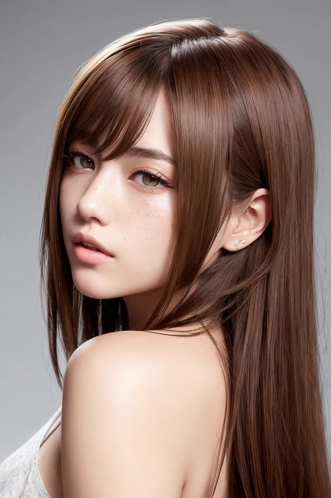 Final Fantasy 15 style girl with an attractive profile: - Wolf Colt style brown hair, straight and shoulder length. - Korean style bangs. - Large honey-colored eyes. - Pink lips. - Some freckles on the face. - White complexion with a slight blush. - Long and beautiful eyelashes. - A pretty face in general. - Attractive profile that highlights your facial features in a harmonious and balanced way.