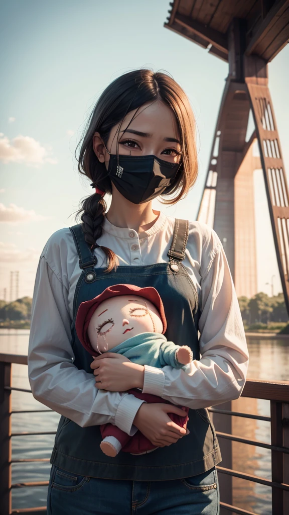 make me an illustration of the urban legend cry bridge baby in alabama, the is wearing a creepy mask and holding a doll
