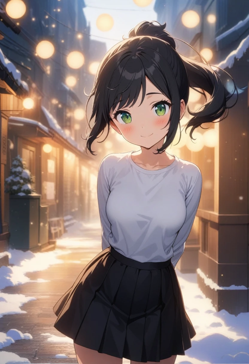 1girl gomashio \(goma_feet\), solo, official art, black hair, green eyes, smile, attractive, looking at viewer, pony tail, side bangs, medium breasts, black pleated skirt, white shirt, hands behind back, raised eyebrows, expressive, smile, outdoors, scenery, best quality, masterpiece, (very aesthetic, best quality, ultra detailed), light particles, snow, moonlight, street, blush, swept_bangs, close-up, straight-on, light particles, centered, bokeh background, style