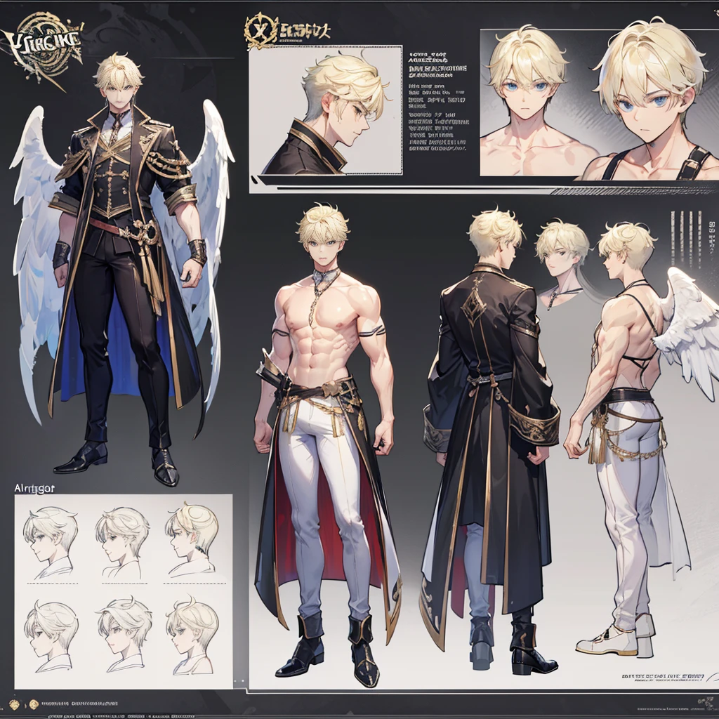 (Masterpiece, best quality), detailed, 1 man, ((character concept art)), ((character design sheet, same character, front, side, back)), full body, body complete, 1 Male angel, 1 Man angel, Detailed face, character design sheet,full bodyesbian, Highly detailed, character sheet, character design, Many parts, dark skin, angel wings, short blonde hair, angel outfit, muscle male god, male clothes, masculine, muscle man, male muscle, manly, male angel, Muscle male with short blonde hair,beautiful man, beautiful boy