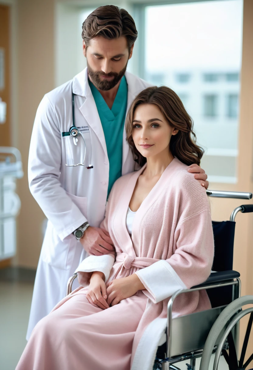 "A touching and moving scene in a modern hospital room, featuring a handsome man with short, wavy brown hair and a well-groomed beard, tenderly embracing a beautiful woman with delicate features and long, dark hair, sitting in a wheelchair. The man is wearing a comfortable white doctor's coat, beige pants, with a watch on his wrist. The woman, wrapped in a cozy pink cardigan, looks serene but vulnerable, in a robe, revealing her graceful collarbone, holding a paper to her chest. Natural light comes in through a large window, casting a soft glow on their faces and highlighting the subtle details of the hospital equipment in the background.