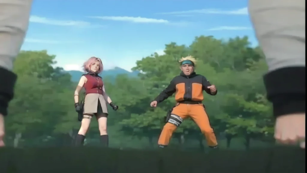 two characters in an outdoor setting with trees and a clear sky in the background. On the left, there is a character with pink hair, wearing a red sleeveless blouse, light shorts and ninja-like accessories, such as arm protectors and a thigh bag. On the right, there is a character with spiky blonde hair, wearing an orange and black jacket with orange pants and a cold on his leg. Both appear to be in a ready posture, as if they are preparing for battle or training. The perspective is from behind another character in the foreground, whose body is partially visible, indicating that the viewer is seeing the scene from that character's point of view.4K resolution highlights, Sharp focus, octane render, ray tracing, Ultra-High-Definition, 8k, UHD, HDR, (Masterpiece:1.5), (best quality:1.5)