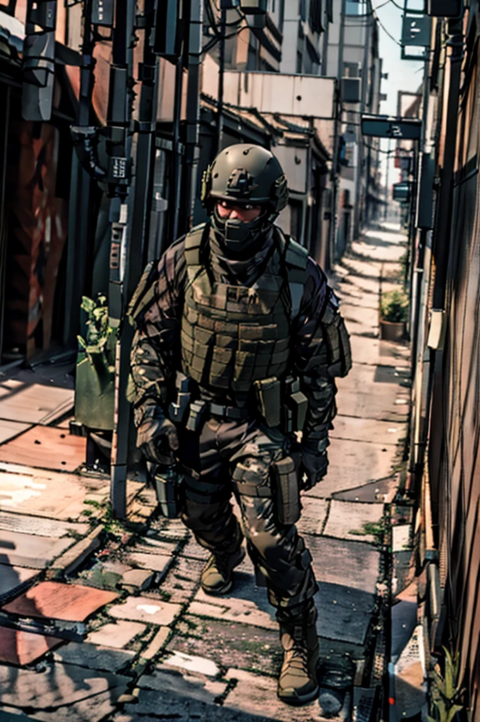 {{Masterpiece、best quality、Very detailed CG、16 ก、film light、lens flare}}、blurred background、(One man soldier aimsing a huge rifle)、Day 24、Bold、Clean, white teeth、realistic:1.4、black short hair 、blue eyeany weaponilitary helicopter:1.6))、special forces、war、Shinjuku at night、from above view、aims、aims、Knee shot、Wide viewing angle、Fight zombies , black dress , black bulletproof vest.