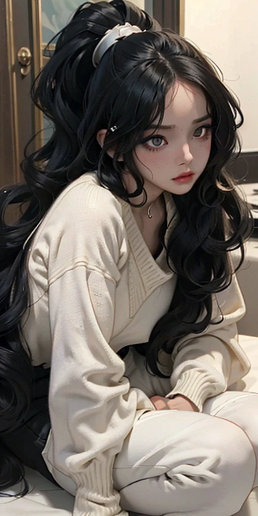 create an image like a drawing from a somewhat realistic anime manga the following is a girl with completely black hair, curly medium wavy, with white half yellow skin, completely black eyes, without irises or pupils and with lenses,rude and threatening tired look