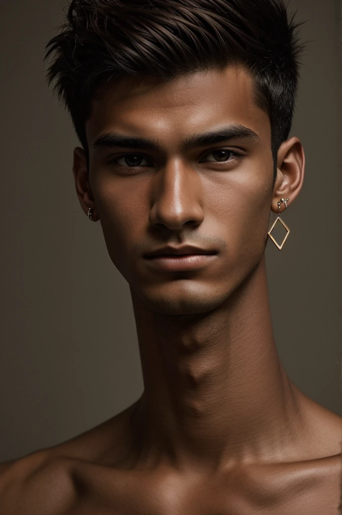 Draw a  man, very dark brown, hairless, with many earrings on my face, 