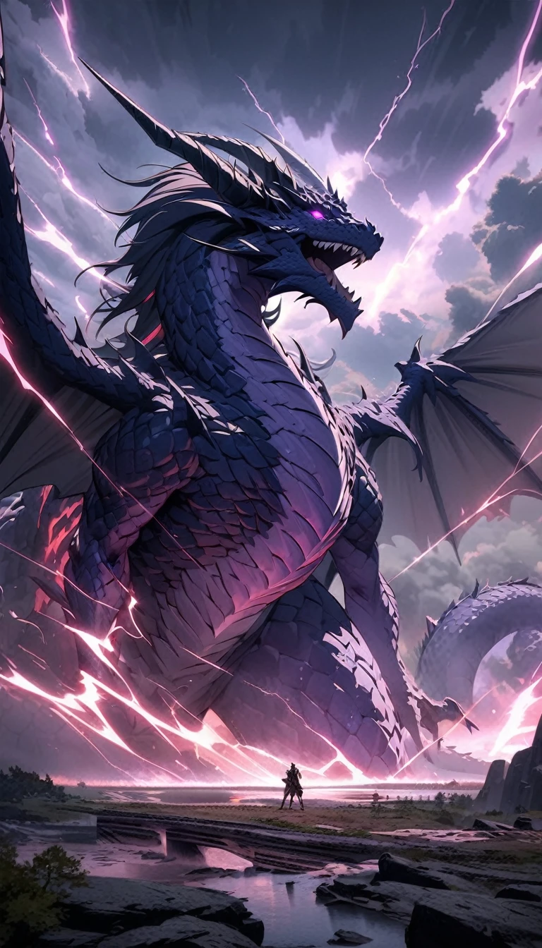  anime aestetics, anime scenery, mythical creature, a storm dragon flying close to the stormclouds, dark blue scales, violet skin, long curvy horns, electric impulses covering the body, epic scene, thunder storm, skyscape, anatomicaly correct, western dragon, dnd, dark fantasy, dungeons and dragons, wide shot, atmospheric perspective, perspective, best quality, highres, HD, 4K, award winning, super detail, accurate, masterpiece, anatomically correct, textured skin